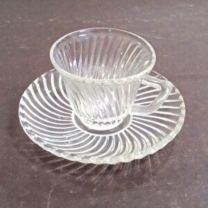Vintage Federal Glass "DIANA" Swirl Clear Demitasse Coffee / Tea Cup and‎ Saucer